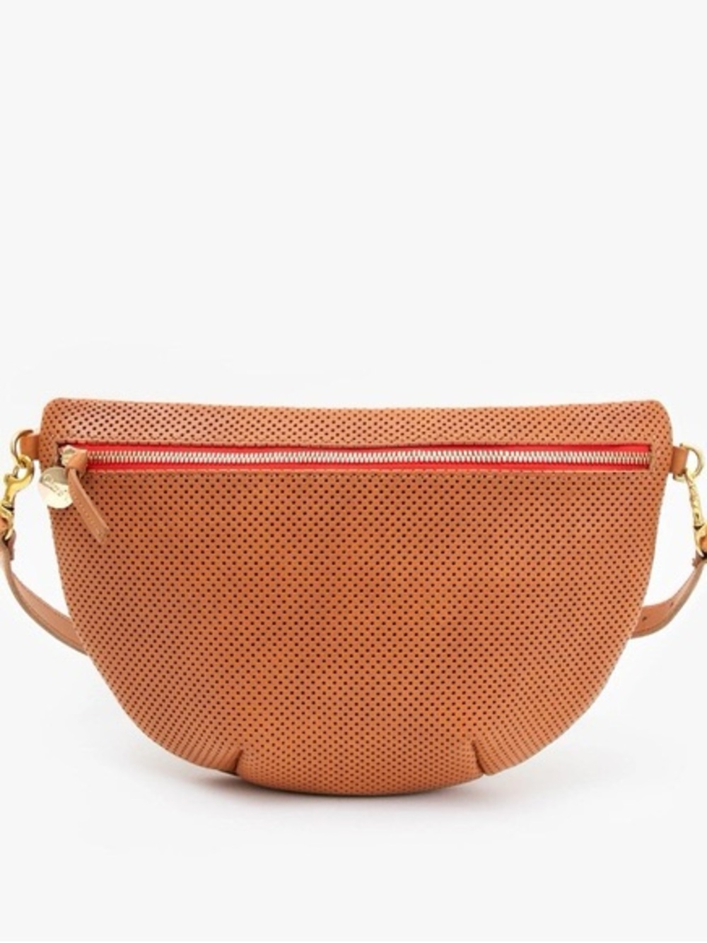 Clare V Grande Fanny sling- Cuoio Perforated leather with red zipper